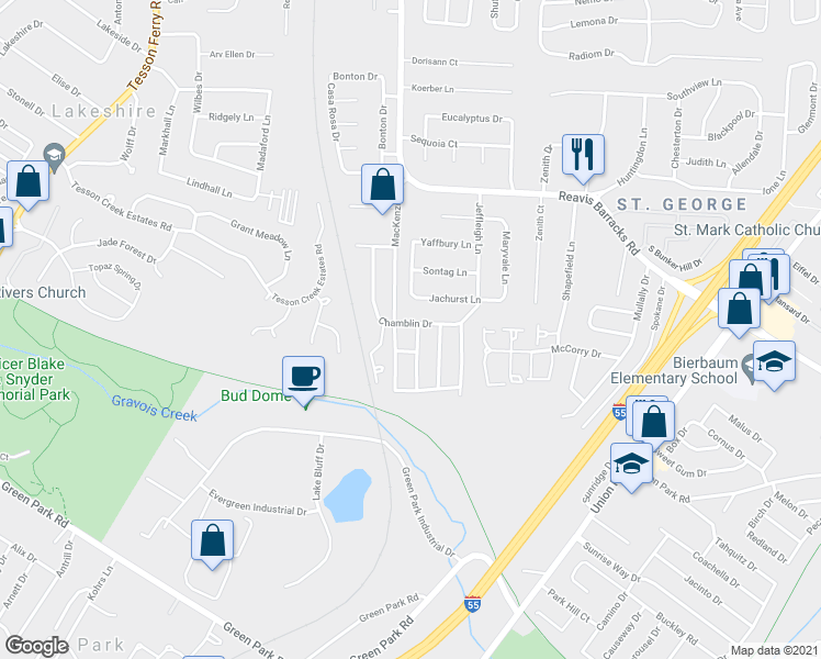 map of restaurants, bars, coffee shops, grocery stores, and more near 10200 Marble Arch Lane in Affton