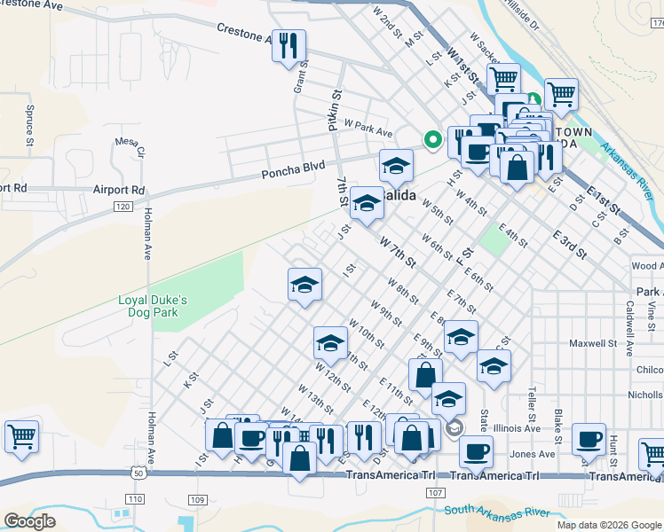map of restaurants, bars, coffee shops, grocery stores, and more near 849 J Street in Salida