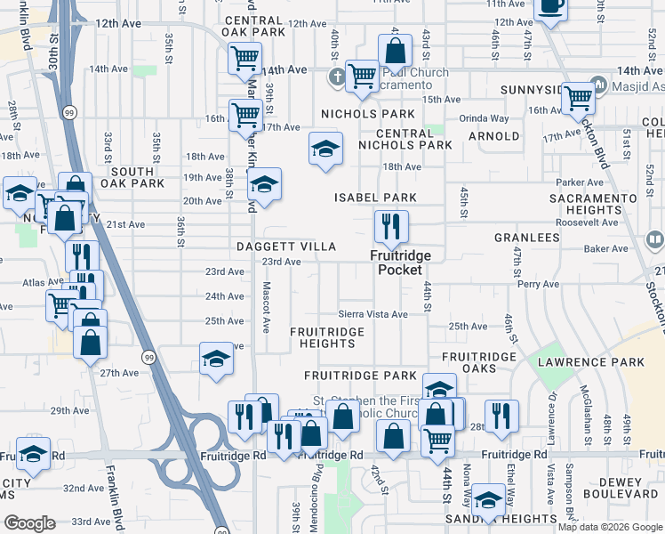 map of restaurants, bars, coffee shops, grocery stores, and more near 3990 23rd Avenue in Sacramento