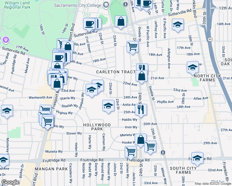 map of restaurants, bars, coffee shops, grocery stores, and more near 4706 23rd Street in Sacramento