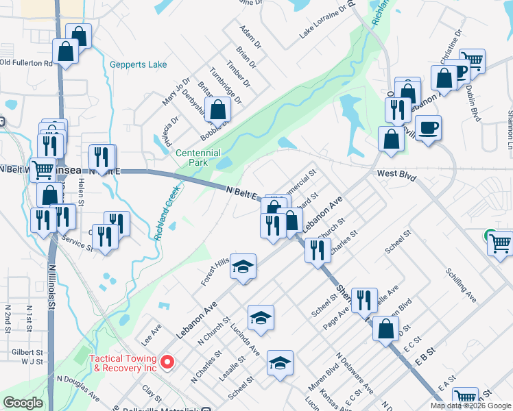 map of restaurants, bars, coffee shops, grocery stores, and more near 415 North Belt East in Belleville