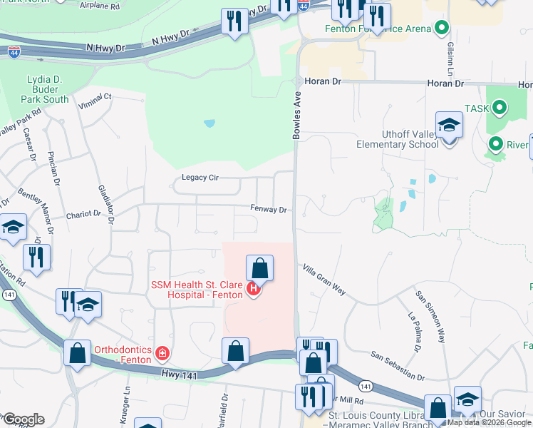 map of restaurants, bars, coffee shops, grocery stores, and more near 1420 Fenway Drive in Fenton