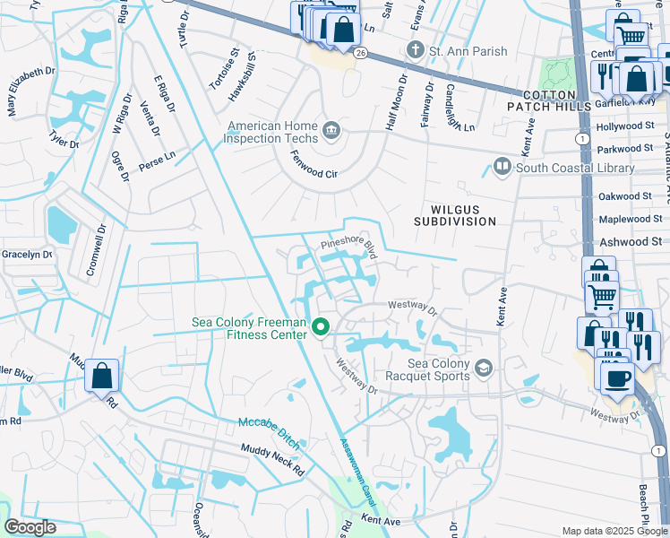 map of restaurants, bars, coffee shops, grocery stores, and more near 55086 Pinewood Drive in Bethany Beach