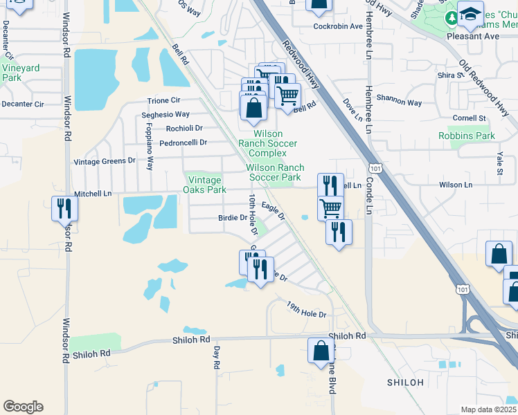 map of restaurants, bars, coffee shops, grocery stores, and more near 1218 Eagle Dr in Windsor
