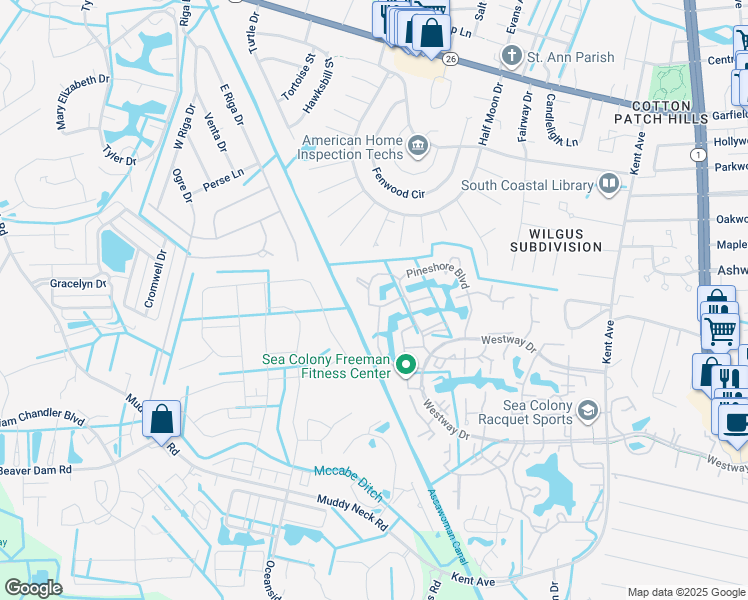 map of restaurants, bars, coffee shops, grocery stores, and more near 56092 Cypress Lake Circle in Bethany Beach