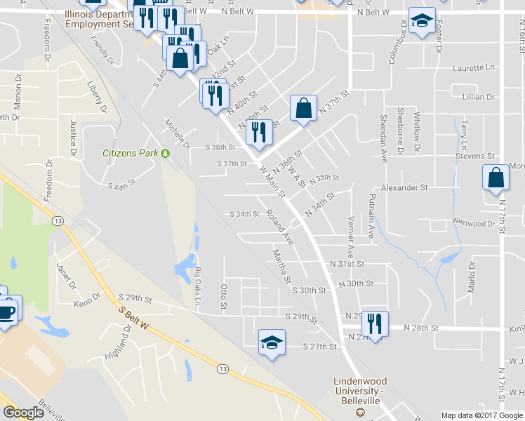 map of restaurants, bars, coffee shops, grocery stores, and more near 103 South 34th Street in Belleville
