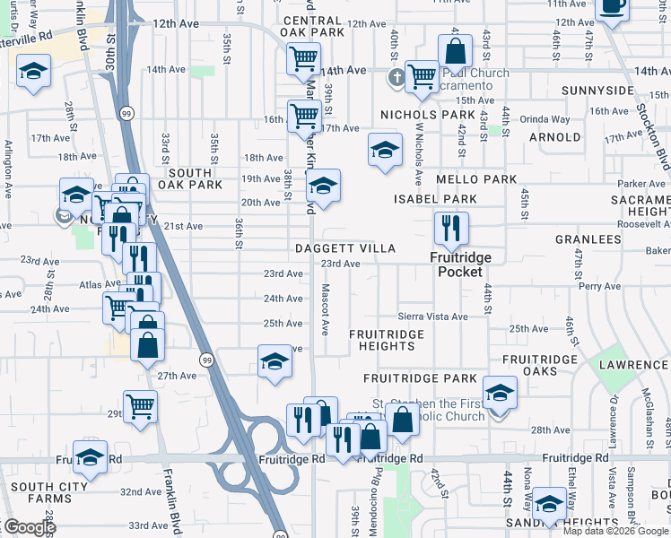 map of restaurants, bars, coffee shops, grocery stores, and more near 3904 23rd Avenue in Sacramento