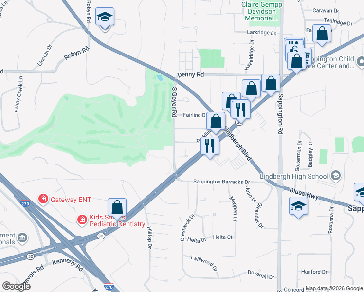 map of restaurants, bars, coffee shops, grocery stores, and more near 11832 Parklind Drive in St. Louis