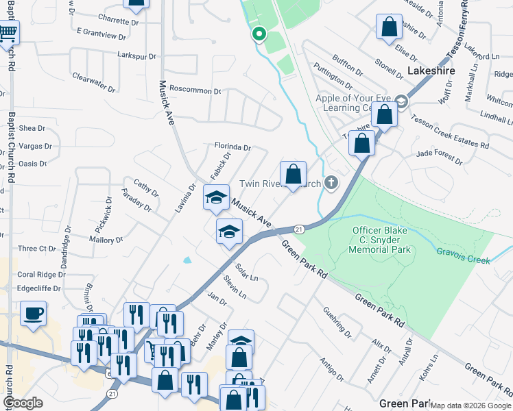 map of restaurants, bars, coffee shops, grocery stores, and more near 10566 Kamping Lane in St. Louis