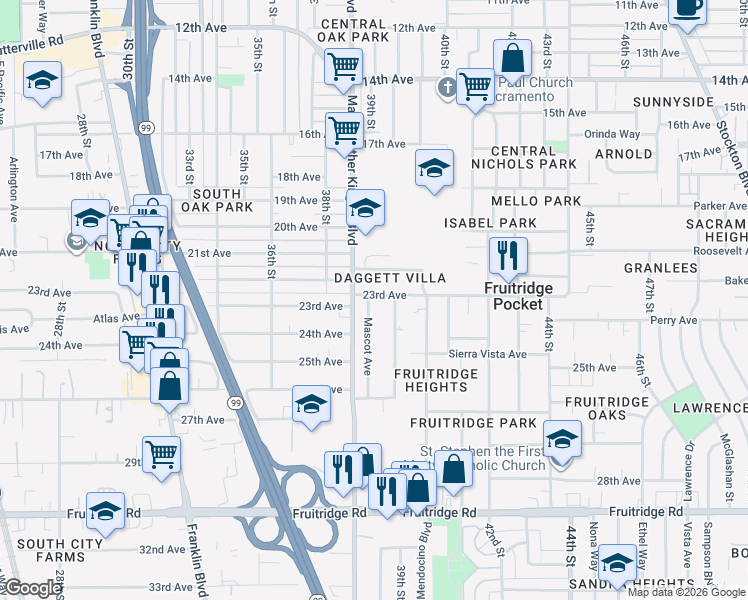 map of restaurants, bars, coffee shops, grocery stores, and more near 4805 Mascot Avenue in Sacramento