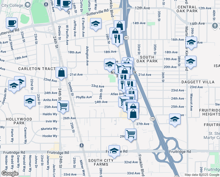 map of restaurants, bars, coffee shops, grocery stores, and more near 2900 23rd Avenue in Sacramento
