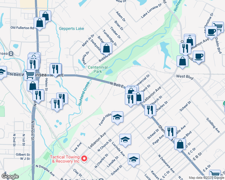 map of restaurants, bars, coffee shops, grocery stores, and more near 43 Wedgewood Drive in Belleville