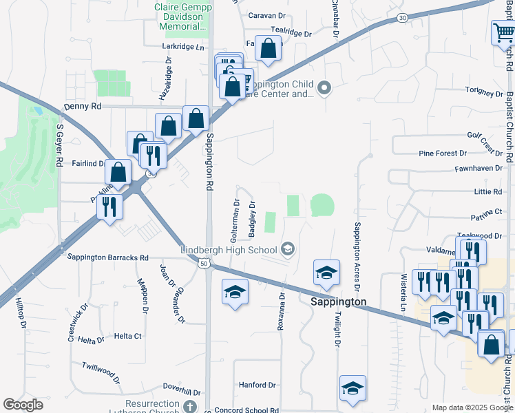 map of restaurants, bars, coffee shops, grocery stores, and more near 10342 Badgley Drive in Sappington