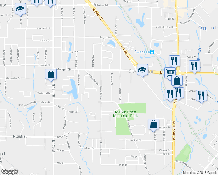 map of restaurants, bars, coffee shops, grocery stores, and more near 1625 Duncan Street in Belleville