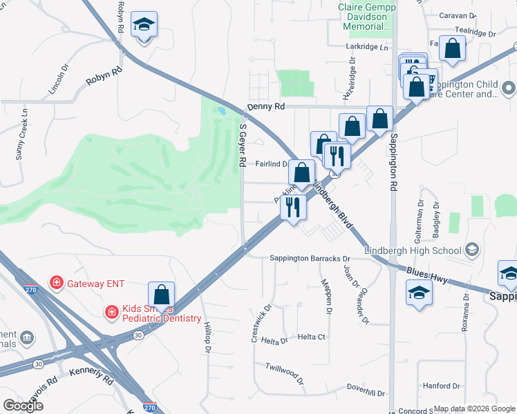 map of restaurants, bars, coffee shops, grocery stores, and more near 11832 Parklind Drive in St. Louis