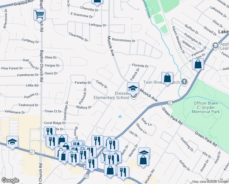 map of restaurants, bars, coffee shops, grocery stores, and more near 10709 Lavinia Drive in St. Louis