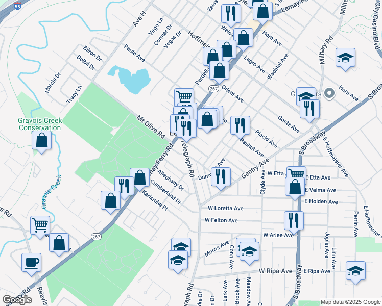 map of restaurants, bars, coffee shops, grocery stores, and more near 1204 Telegraph Road in St. Louis