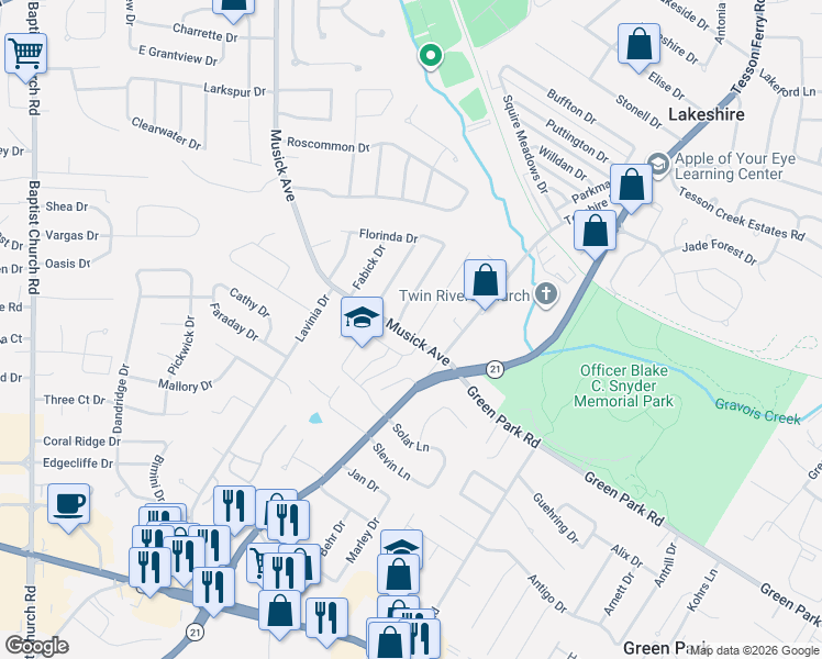 map of restaurants, bars, coffee shops, grocery stores, and more near 10304 Musick Avenue in St. Louis