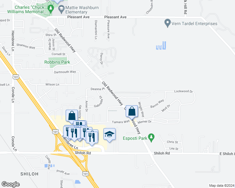 map of restaurants, bars, coffee shops, grocery stores, and more near 6272 Old Redwood Highway in Santa Rosa