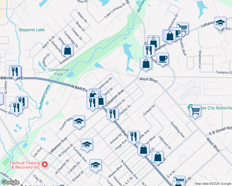 map of restaurants, bars, coffee shops, grocery stores, and more near 1415 Lebanon Avenue in Belleville