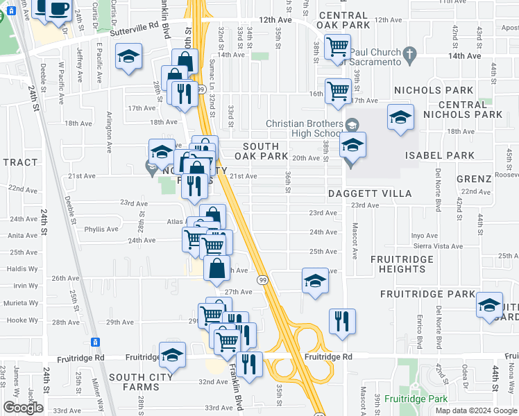 map of restaurants, bars, coffee shops, grocery stores, and more near 3409 23rd Avenue in Sacramento