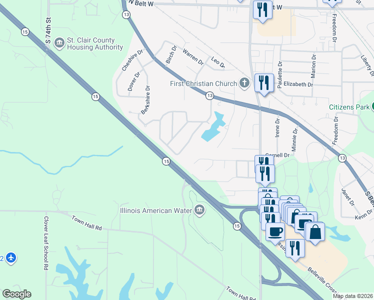 map of restaurants, bars, coffee shops, grocery stores, and more near 332 Fredericksburg Drive in Belleville