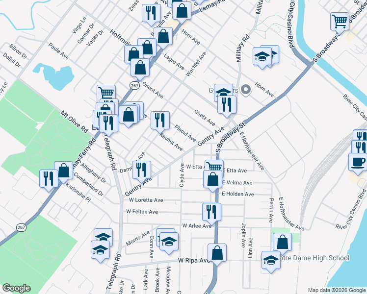 map of restaurants, bars, coffee shops, grocery stores, and more near 334 Rauhut Avenue in St. Louis