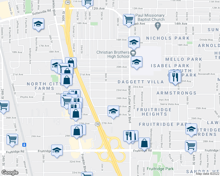 map of restaurants, bars, coffee shops, grocery stores, and more near 3633 23rd Avenue in Sacramento