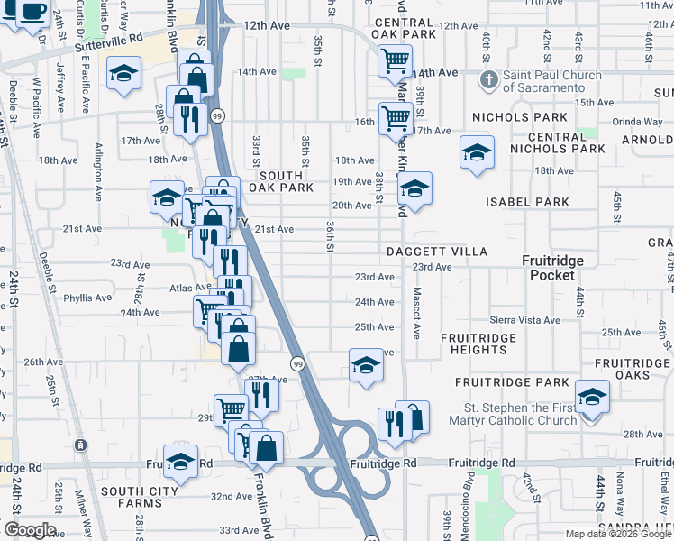 map of restaurants, bars, coffee shops, grocery stores, and more near 3561 23rd Avenue in Sacramento