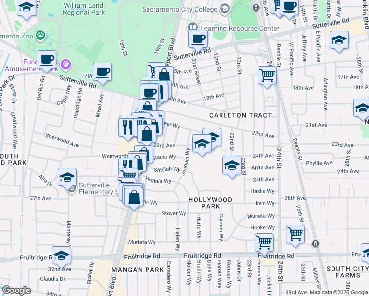 map of restaurants, bars, coffee shops, grocery stores, and more near 4671 Joaquin Way in Sacramento