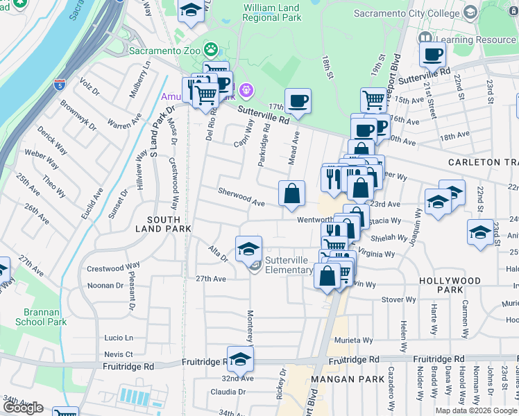 map of restaurants, bars, coffee shops, grocery stores, and more near 4731 Monterey Way in Sacramento
