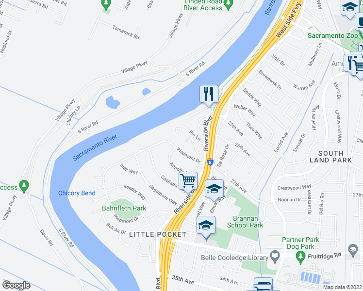map of restaurants, bars, coffee shops, grocery stores, and more near 1050 Rio Lane in Sacramento