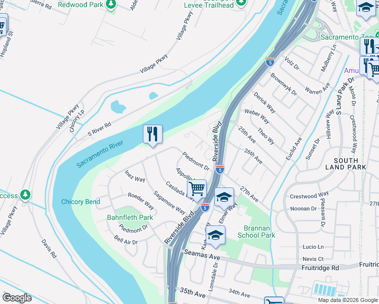 map of restaurants, bars, coffee shops, grocery stores, and more near 1050 Rio Lane in Sacramento