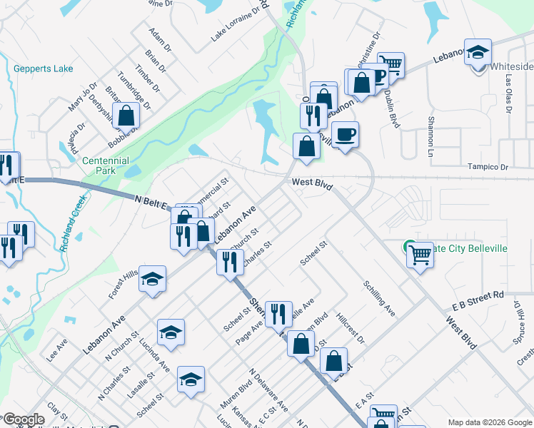 map of restaurants, bars, coffee shops, grocery stores, and more near 1837 North Church Street in Belleville