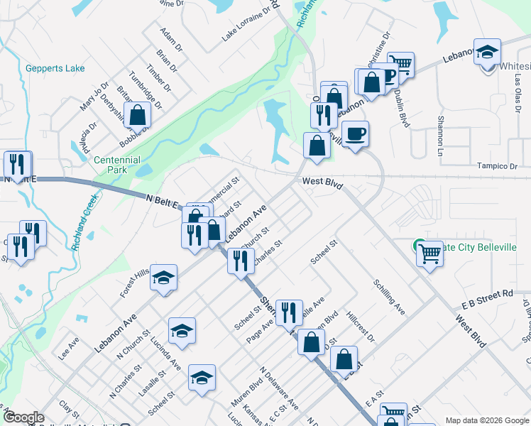 map of restaurants, bars, coffee shops, grocery stores, and more near 1837 North Church Street in Belleville