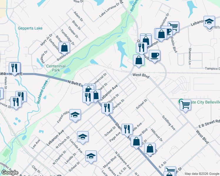 map of restaurants, bars, coffee shops, grocery stores, and more near 1415 Lebanon Avenue in Belleville