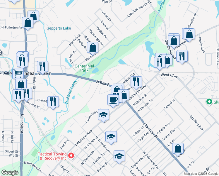 map of restaurants, bars, coffee shops, grocery stores, and more near 415 North Belt East in Belleville