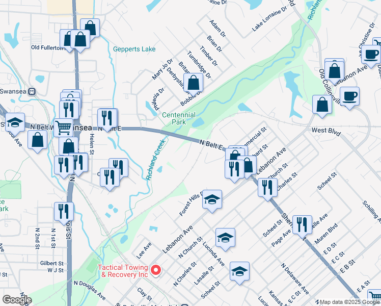 map of restaurants, bars, coffee shops, grocery stores, and more near 1671 Shadow Ridge Court in Belleville