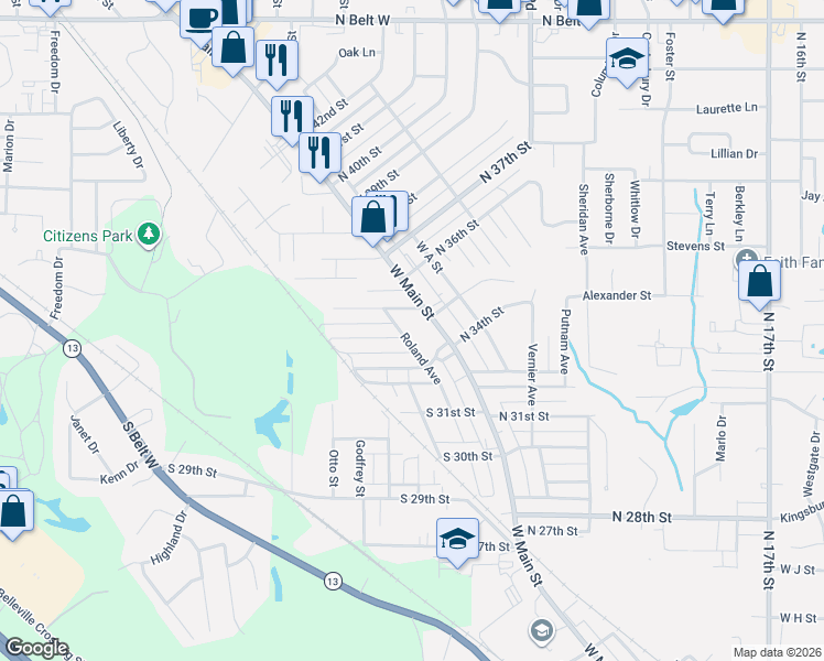 map of restaurants, bars, coffee shops, grocery stores, and more near 103 South 34th Street in Belleville
