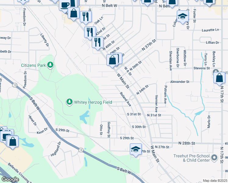 map of restaurants, bars, coffee shops, grocery stores, and more near 103 South 34th Street in Belleville