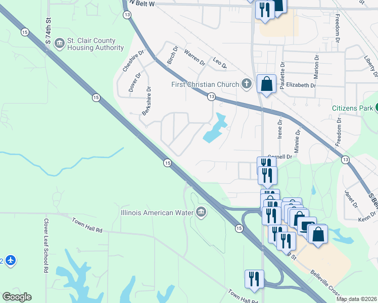 map of restaurants, bars, coffee shops, grocery stores, and more near 332 Fredericksburg Drive in Belleville