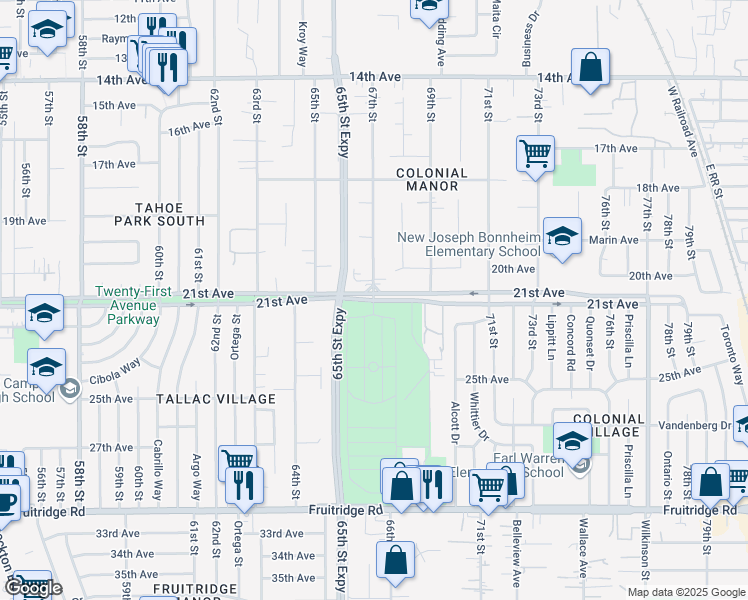 map of restaurants, bars, coffee shops, grocery stores, and more near 21st Avenue & 67th Street in Sacramento