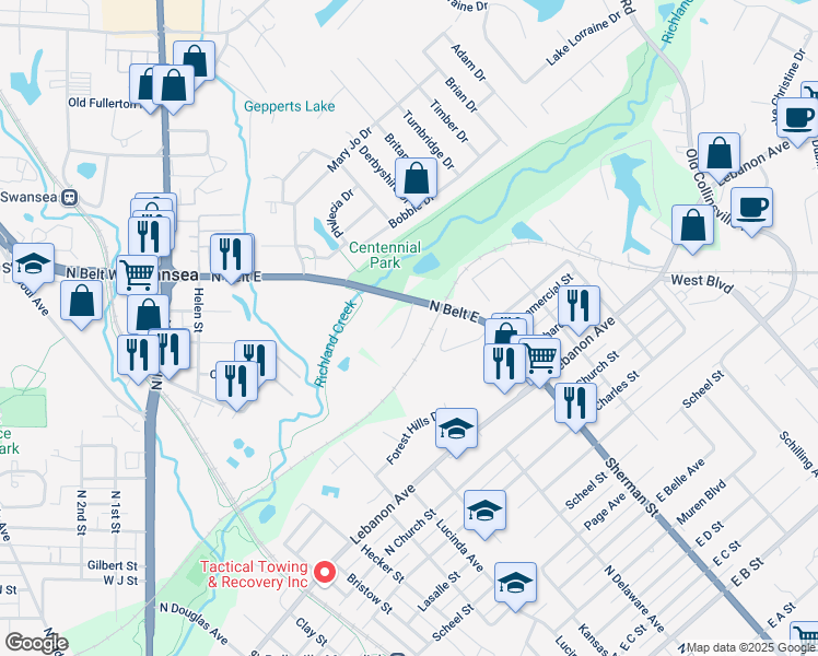 map of restaurants, bars, coffee shops, grocery stores, and more near 1671 Shadow Ridge Court in Belleville