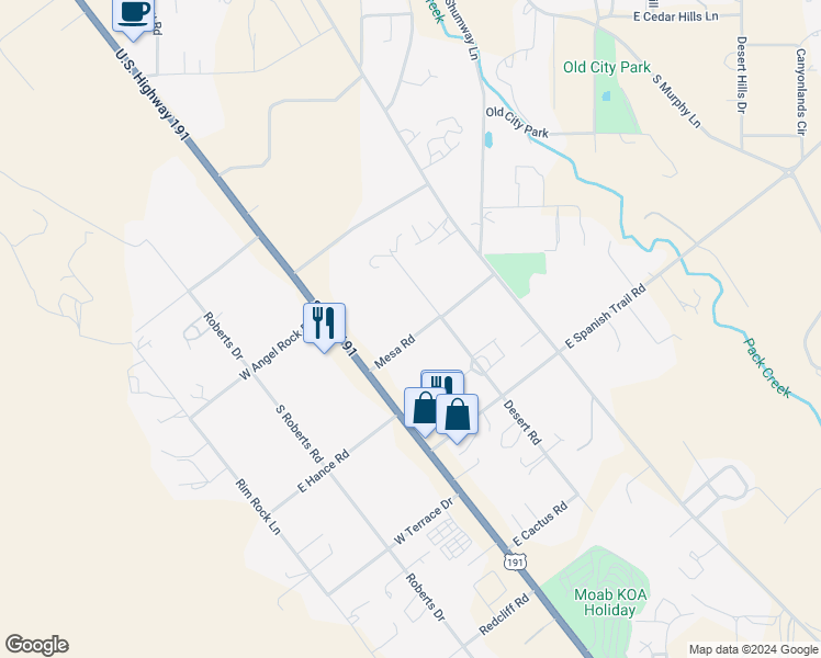 map of restaurants, bars, coffee shops, grocery stores, and more near 2391 Mesa Road in Moab