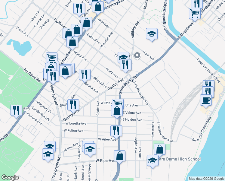 map of restaurants, bars, coffee shops, grocery stores, and more near 9443 South Broadway in St. Louis