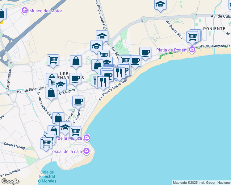 map of restaurants, bars, coffee shops, grocery stores, and more near 16 Avenida Vicente Llorca Alós in Benidorm