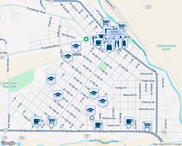 map of restaurants, bars, coffee shops, grocery stores, and more near 602 F Street in Salida