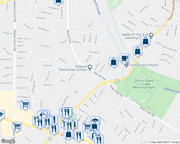 map of restaurants, bars, coffee shops, grocery stores, and more near 10255 Musick Ave in St Louis