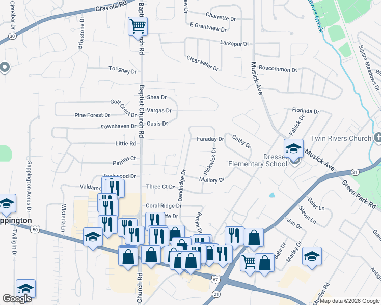 map of restaurants, bars, coffee shops, grocery stores, and more near 10224 Dandridge Drive in St. Louis