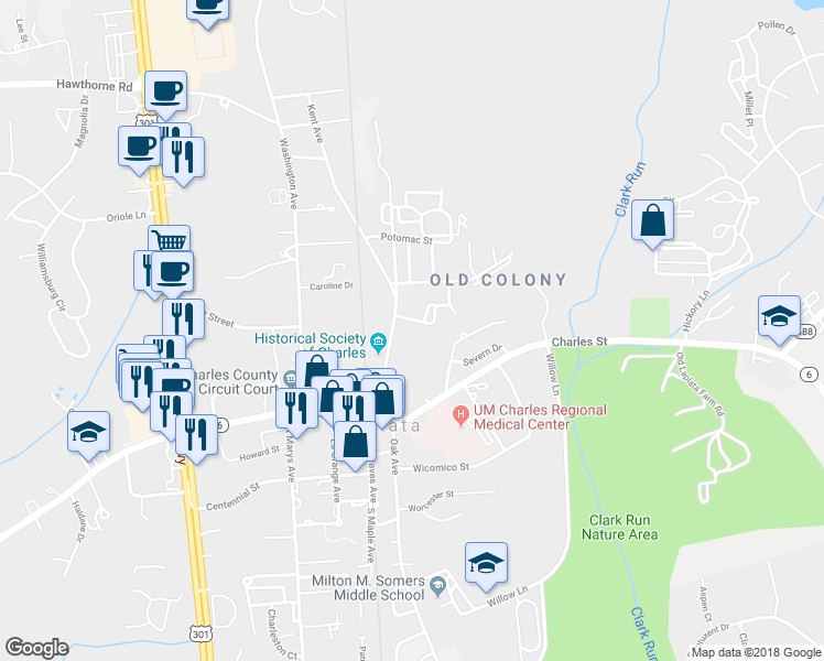 map of restaurants, bars, coffee shops, grocery stores, and more near 110 Kalmia Court in La Plata